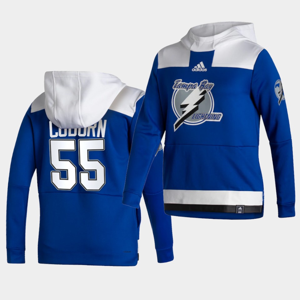 Men Tampa Bay Lightning #55 Coburn Blue NHL 2021 Adidas Pullover Hoodie Jersey
